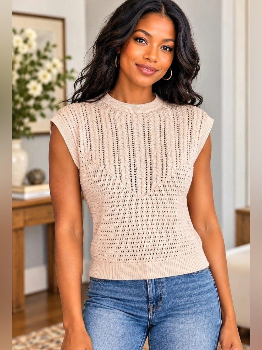 Free People Blush Cable Knit Pointelle Sweater Vest L Top Boho Coastal Romantic